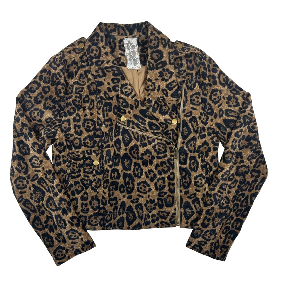 Sadie‎ & Sage Leopard Print Corduroy Moto Jacket Brown Black AA451090 Womens S